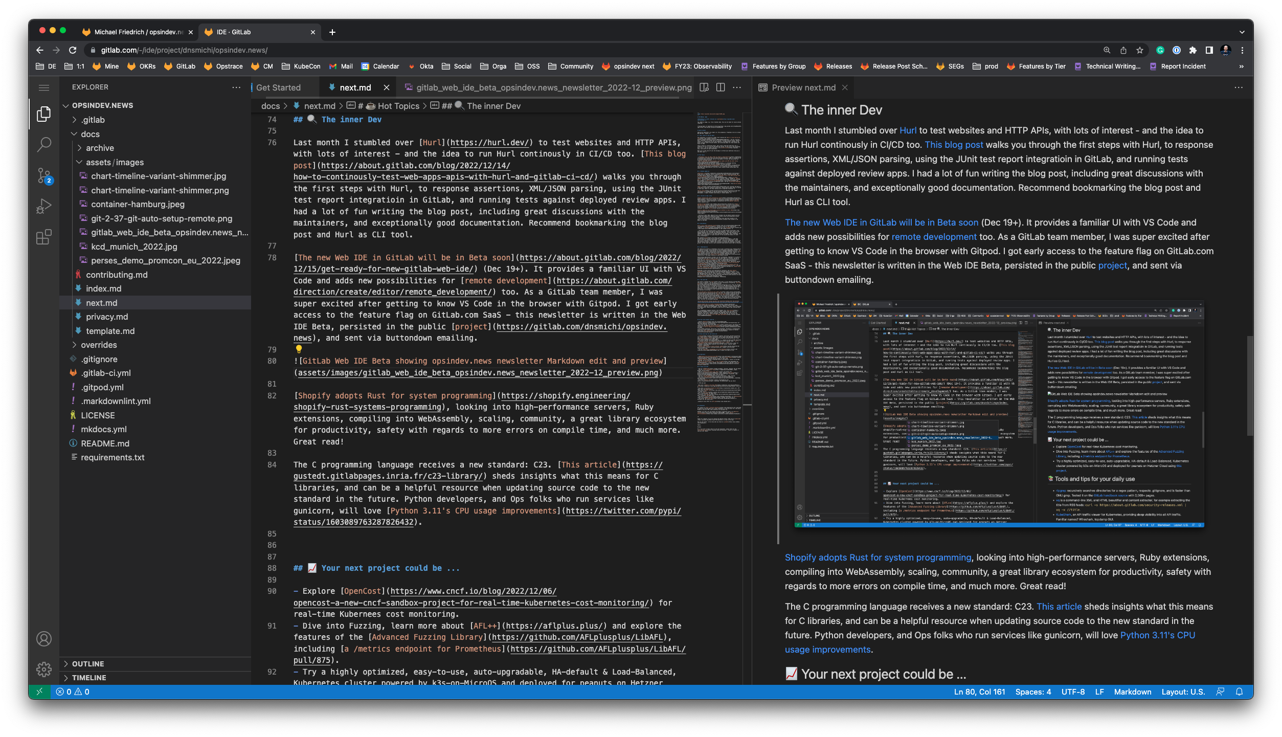 GitLab Web IDE Beta showing opsindev.news newsletter Markdown edit and preview