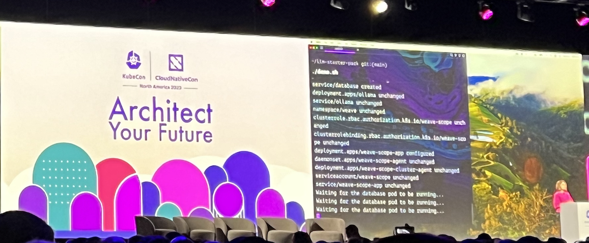 KubeCon NA 2023 keynote, live demo with local kind cluster running Ollama open-source LLMs